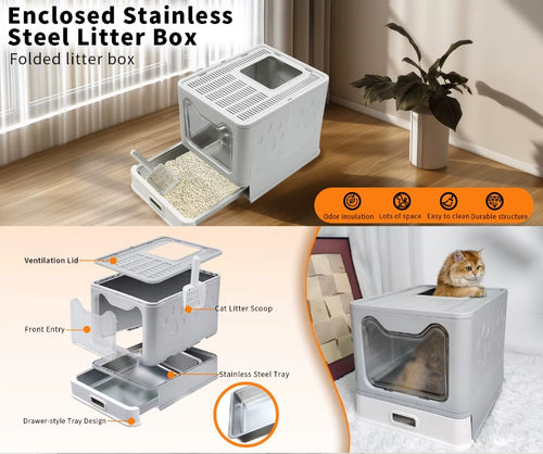 Enclosed Litter Box with Stainless Steel Pan + Enzyme Odor Spray (Bundle)